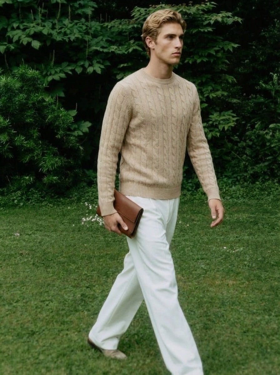 Men wearing beige cashmere knitwear – Marenao London